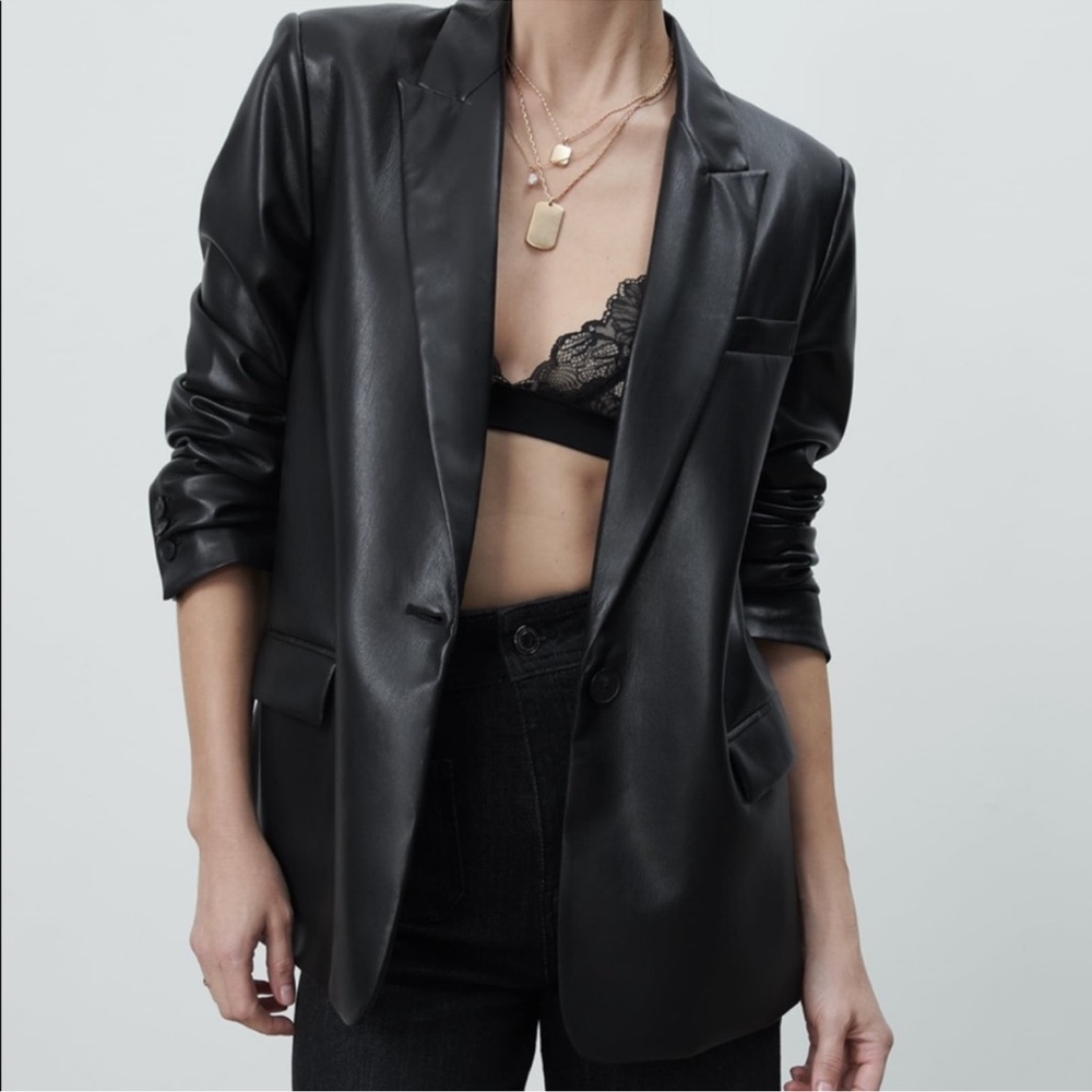 Zara Black Faux Leather Oversized Blazer Jacket Sz S Chic Edgy